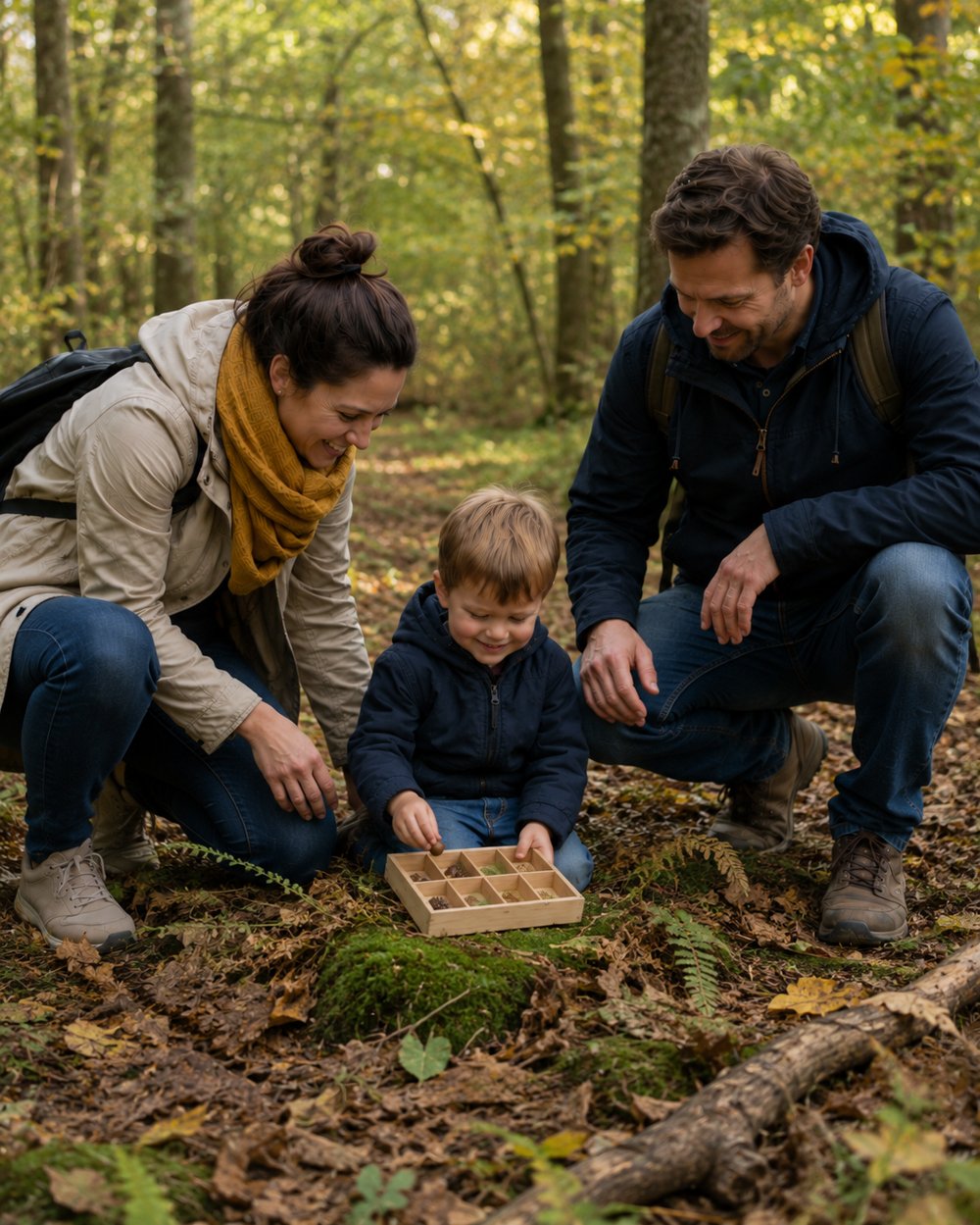 Famille souriante explorant la nature avec la boîte aux trésors Kidiz'plorer