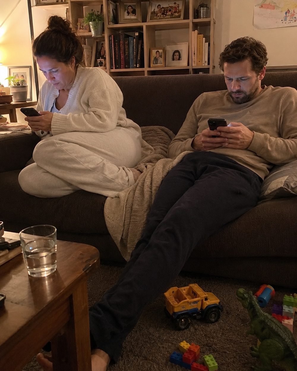 Parents fatigués un jeudi soir sur le canapé, chacun scrollant sur son téléphone pour trouver une idée d'activité